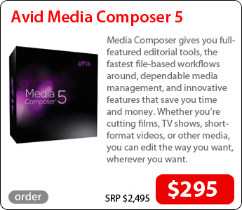 Avid Media Composer 5Media Composer gives you full-featured editorial tools, the fastest file-based workflows around, dependable media management, and innovative features that save you time and money. Whether you're cutting films, TV shows, short format videos, or other media, you canthe way you want, wherever you want. Price: $295 (SRP $2,495)